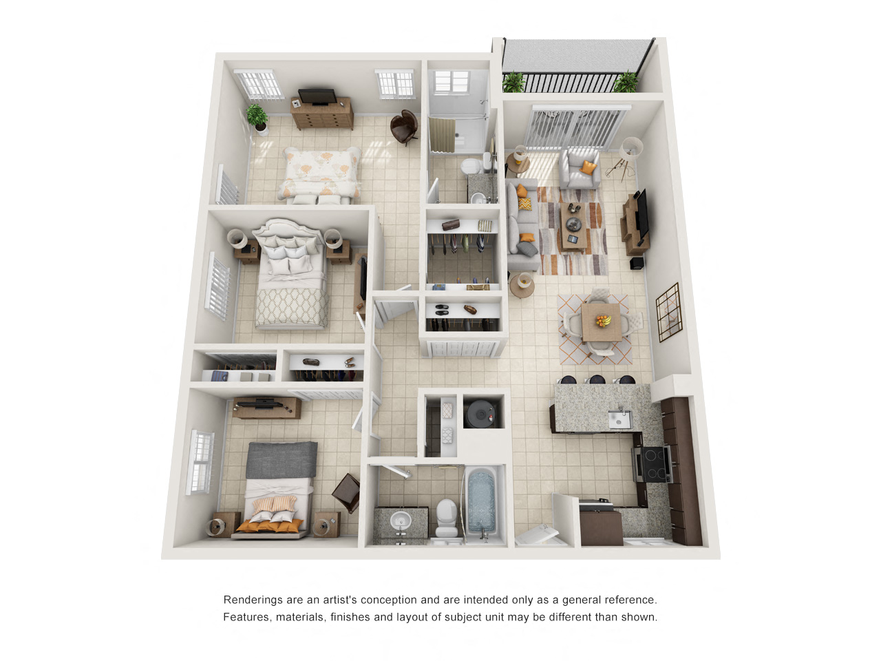 Floor plan for 3 beds, 2 baths, 1257 sqft